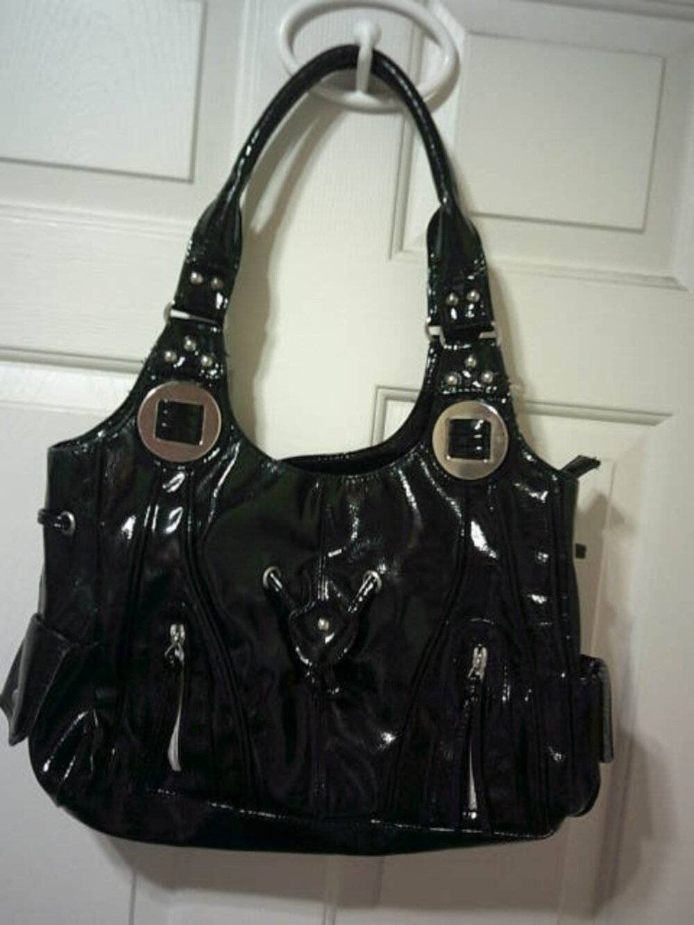 CATO OVERSIZED BLK PATENT LEATHER HANDBAG PURSE MANY COMPARTMENTS ZIP CLOSE 👩👜